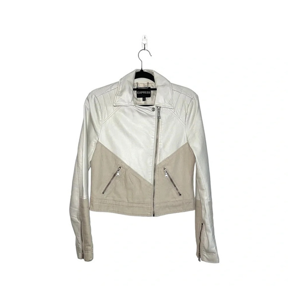 Express Cream & Tan Contrast Full Zip Leather Jacket Small Women’s - Picture 1 of 12